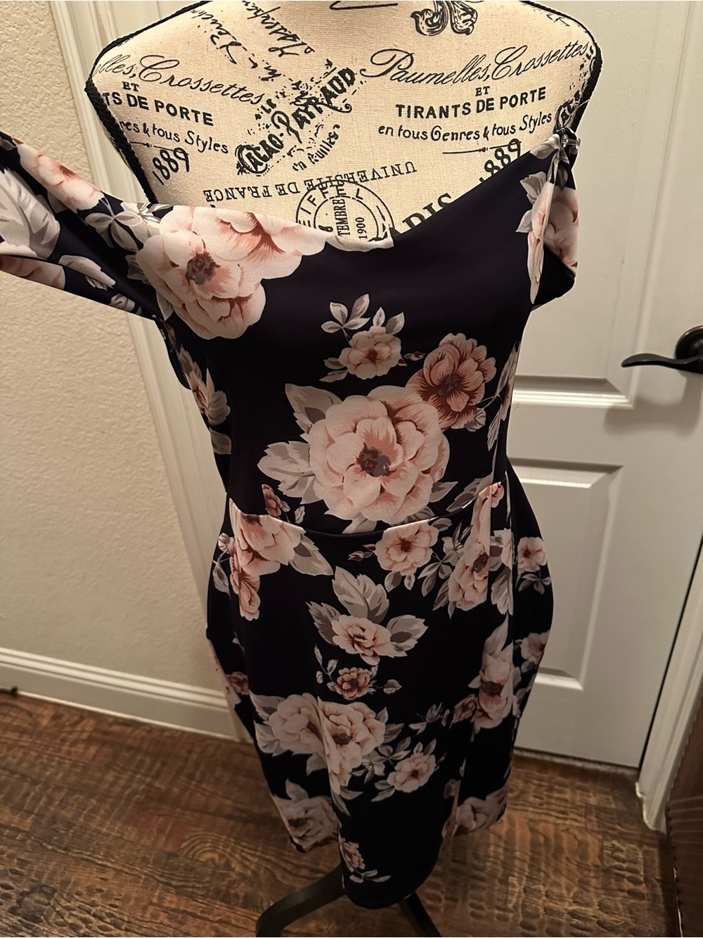 Charlotte Russe Navy Off-Shoulder Midi Dress with Pink Floral Print